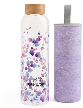 waterdrop® Bouteille en Verre 600ml – Gourde Réutilisable en Verre Borosilicate avec Bouchon Bambou et Housse, Sans BPA, Étanche, Idéale pour Maison, Bureau, Sport, Voyage