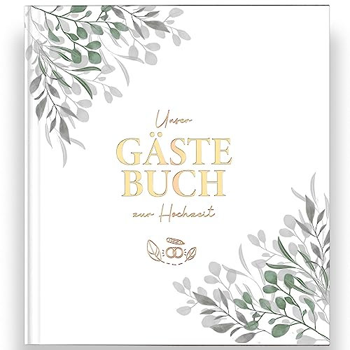 LEAF & GOLD® Gästebuch Hochzeit I Edles Hochzeitsgästebuch mit Fragen I Gästebuch zum Ausfüllen mit Goldfolienprägung (Grün, Gold)