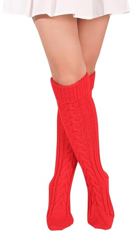 FGFD&OU Calze da Donna Sopra il Ginocchio Calzettoni Termici Lunghe Invernale Warmer Calze a Maglia Calze di Coscia Morbidi per Ragazze e Donne, Calzini di Natale (Rosso)