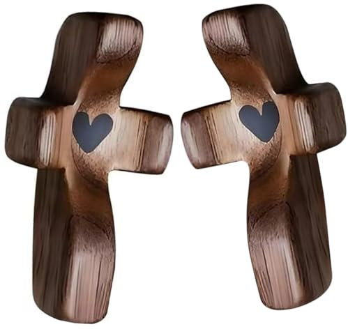 LiJuanWang Geschnitztes Holzkreuz,2 Stück Kreuz Kruzifix Klein,Handschmeichler Holzkreuz mit Herzen,Tragbares Gebetskreuz Geschenkartikel,Handgeschnitztes Liebeskreuz für Andachtsgebete,51 x 25 mm