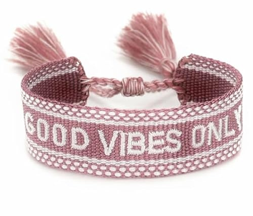 Generisch gewebtes Armband, Freundschaftsarmband, Webarmband, besticktes Armband (GOOD VIBES ONLY altrosé)