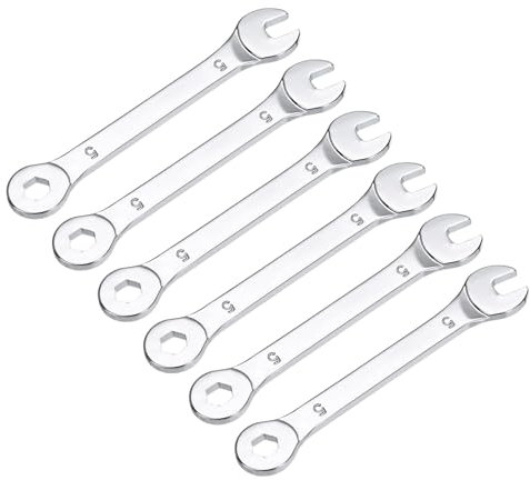QUARKZMAN 6 stycken 5 mm ringskiftnyckelset, gaffelringsnyckel 6-punkts ände 15 graders offset, öppen skiftnyckel set stål silver för handverktyg hushåll reparationer