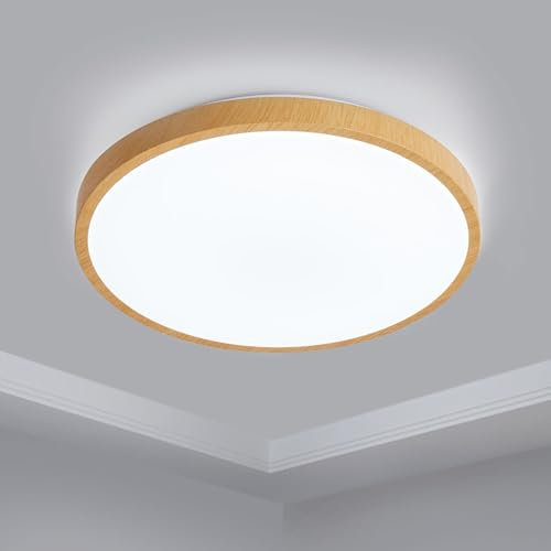 EXTRASTAR 24W LED Ceiling Light, 2500LM 192W Equivalent, Cool White 6500K Daylight Flush Mount Ceiling Lamp, 34cm Round Wood Effect Ceiling Lighting Fixture, Non-Dimmable