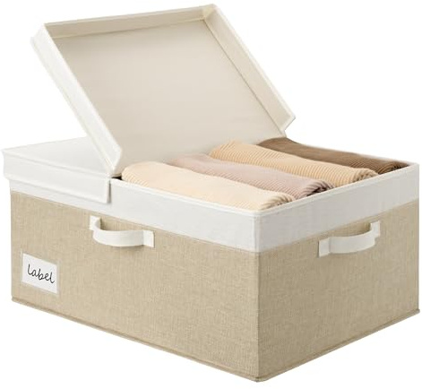 GRANNY SAYS Caja de Almacenaje Grande con Tapa, Set de 1 Caja Almacenaje con Tapa, Cesto para Ropa de Armario, Grande Cesta de Tela para Organizar el Dormitorio, Plegable Decorativas, Blanco y Caqui
