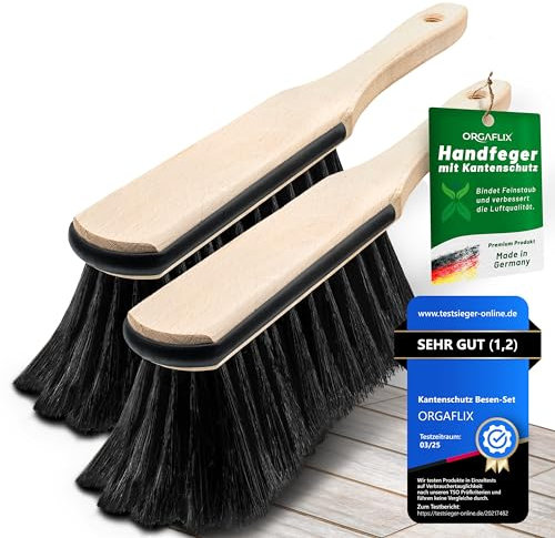 ORGAFLIX Lot de 2 balayettes en crin de cheval de qualité supérieure avec protection des bords, extra absorbante grâce au mélange de crin de cheval de qualité supérieure, balai à main sans balai