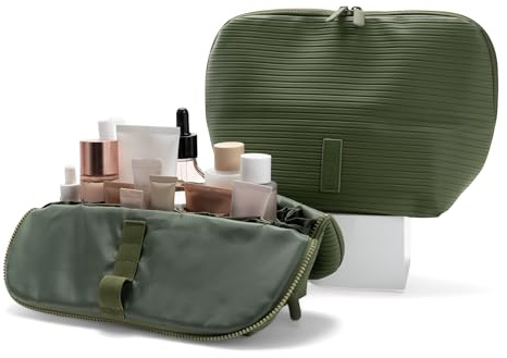 THE VERTI-Vertical Waterproof Makeup & Toiletry Bag | 23-Pocket Organizer with Upright, Fold-Down Design for Skincare, Toiletries & Essentials (Olive)