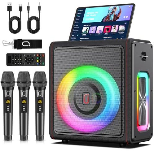 HWWR Karaoke Maschine mit 2 drahtlosen Mikrofones, Tragbaren Bluetooth 5.3 Karaoke Anlage Lautsprecher mit RGB-Licht für Hausparty, PA-System für Erwachsene