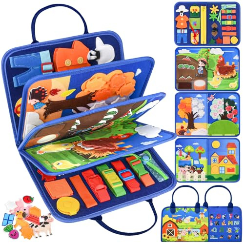 Busy Board Montessori Toys for Toddlers: Busy Book for 3-5 Year Old, Blue | Farm Theme Quiet Book Educational Activity Books with Life Skills Sensory Board for Boy Girl Kid Gift, Travel Airplane Car