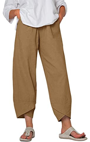 Yuson Girl Pantaloni Donna Estivi Leggeri Pantaloni Larghi Lino Vita Alta Pantalone con Tasche Cotone Pantalone di Svago Panno di Lino da con Fascia Elastica(Cachi, XXL)