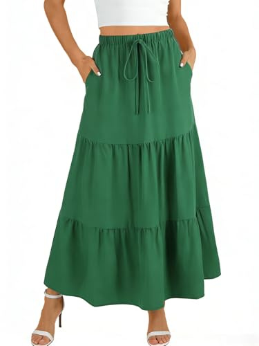 WERFORU Jupe longue pour femme avec poches Taille haute avec ceinture élastique Jupes Élégantes Maxi Jupe longue d'été, G-vert, XL