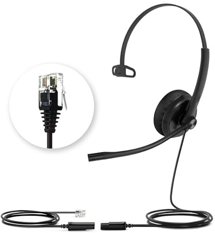Yealink YHS34 Auriculares telefónicos con Cables de conexión RJ9 y QD. Compatibles con teléfonos Poly, Avaya, Snom y Grandstream. Auriculares monoaurales con micrófono para teléfonos de Oficina