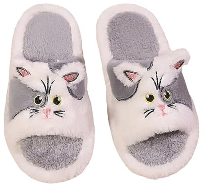 Damtofflor med fluffig katt tryck bekväm öppen tå platt för inomhusbruk mysiga vinterskor med mjuk sula för avkopplande dagar hemma