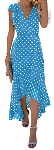 GRECERELLE Womens Summer Maxi Dress Boho Floral Cocktail Polka Dot Wrap Dresses V Neck Casual Party Bohemian Flowy Long Dress for Ladies (Polka Dots-Light Blue, S)