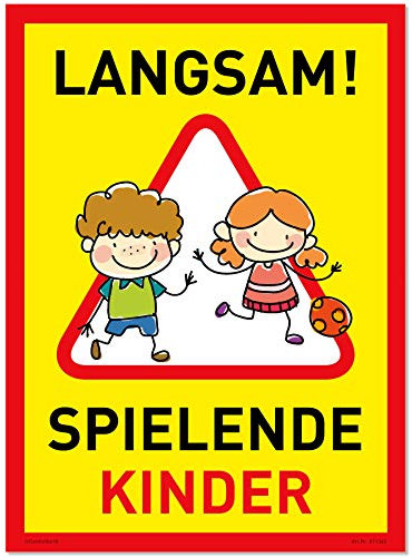 XXL Achtung Kinder Schild (32x44 cm Kunststoff) - Warnschild spielende Kinder - Vorsicht Hier Spielen Kinder - Bitte langsam Fahren