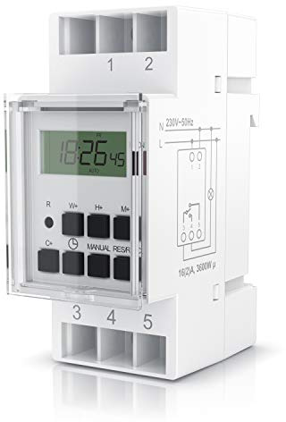 CSL - Zeitschaltuhr digital - für DIN Hutschienen im Verteilerschrank Schalttafeln – 2 Klemmen Input, 3 Klemmen Output - 16A/3680W – min. Schaltabstand 1 Minute – LCD Display – Manueller Modus - weiß