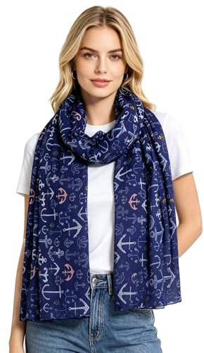 Lina & Lily Ankartryck kvinnors stor scarf lätt, BLÅ, L