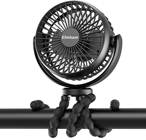 Elmham Ventilador para cochecito, 5200 mAh alimentado por batería, ventilador de clip para asiento de coche, ventilador portátil de 3 velocidades con trípode flexible, ventilador USB giratorio de