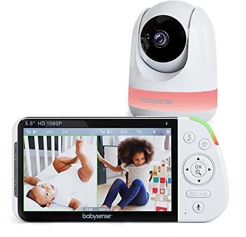 Babysense 5.5” 1080p Full HD Split-Screen Baby Monitor, Video Baby Monitor with Camera and Audio, PTZ Camera, RGB Night Light, 300m Range, Two-Way Audio, 4x Zoom, 5000mAh Battery