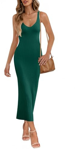 MEROKEETY Womens 2025 Summer V Neck Knit Midi Dress Bodycon Casual Sleeveless Ribbed Party Sweater Dresses,DarkGreen,S