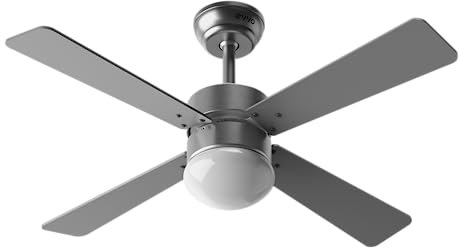 EVVO Ventilador de Techo con Luz, Silencioso, Ø106cm, 4 Aspas, Motor DC 56W, 3 Velocidades (Modelo: V415 Acabado Metal)