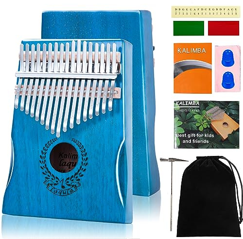 Kalimba 17 Keys Thumb Piano - Blue Finger Piano Professional Musical Instrument Marimbas with Flannelette Bag, Study Instruction, Tuning Hammer Gift for Kids Adults Beginners