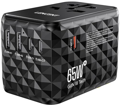 LENCENT Universal Reiseadapter 65W Schnellladung, Internationaler Reisestecker Adapter für Typ A/C/G/I(UK,EU,AU,US) Steckdosen, 2 USB-A & 3 USB-C Schnelles Aufladen für Handy, Schwarz