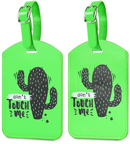 Luggage Tags,2 Pcs Leather Baggage Labels,Luggage Tags for Suitcases,Luggage Tag Green with Name ID Card for Luggage Cruise Waterproof Travel Accessories (Cactus)