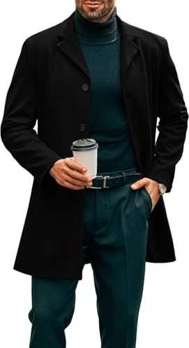 Runcati Cappotto lungo da uomo Trench Slim Fit Inverno collo tacca Giacca Monopetto Business Overcoat, Nero, S