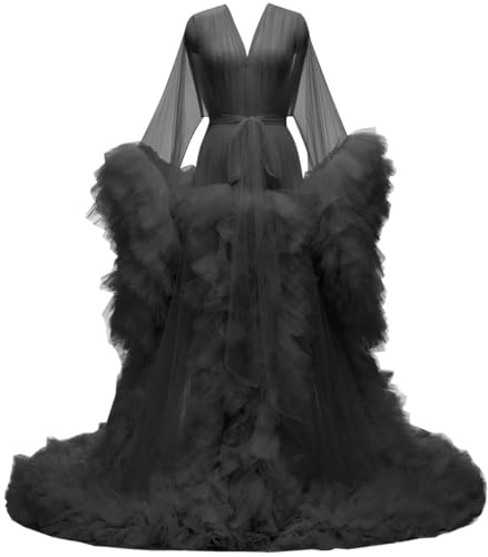 AHERKLL Bata de tul hinchada de maternidad para sesión de fotos, lencería larga y traslúcida, para baby shower, embarazo, fotografía, vestido ZM021, Negro, 36