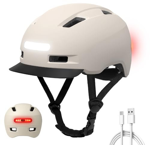 Shinmax Fahrradhelm Herren Damen, Helm Fahrrad mit USB Licht 5 Modi Fahrradhelm mit Visier, Mountainbike Helm Rennradhelm Erwachsen für Scooter Urban Pendler White-Gray XL