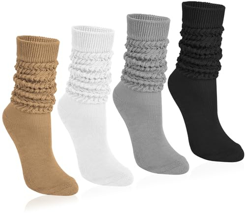 Tialfas 4 Paires Chaussettes Hautes Femme Souple Extra Longues Grande Chaussette Montantes Automne Hiver Empilées Tricotées Multicolore Rétro Toutes Saisons