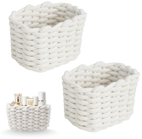 Foonary Lot de 2 paniers tressés en corde de coton blanc fait à la main (13 x 18 x 14 cm), petit panier tressé et corbeille, panier ménager minimaliste moderne pour cosmétiques, papeterie, etc