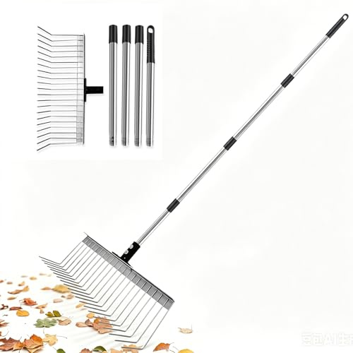 Rastrello da giardino, con manico in acciaio inox da 160 cm e 21 denti, robusto rastrello per prato, testa piccola larga 40 cm, rastrello da giardino, rastrello per fogliame per giardino, prato