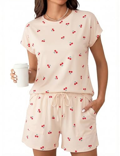 Uniexcosm Pijamas Corto Mujer de Verano, Pijamas para Mujer Algodon con Bolsillos Ropa de Casa Dormir de Manga Corta Conjunto Pijama Color Liso en Cuello Redondo para Casual,Beige Cherry,L