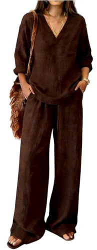 Conjunto Lino Mujer Verano 2 Piezas Sueltas Algodón y Lino Traje de Primavera Ligero Chándal Blusa Manga Larga Pantalones Moda Tallas Grandes Ropa de Playa Vacaciones Deportivo Casa Trabajo