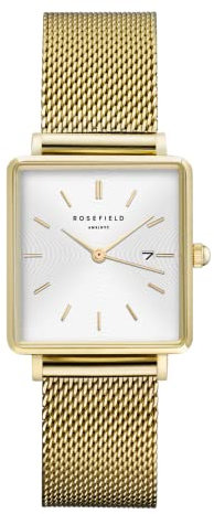 Rosefield Damenuhr The Boxy Gold Eckiges Gehäuse - Weißes Zifferblatt & Mesh Gold Band QWSG-Q03