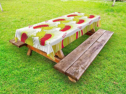 ABAKUHAUS Venere acchiappamosche Tovaglia da Esterno, Venere acchiappamosche e Strisce, Tovaglia da Picnic Lavabile Decorativa, 145 cm x 210 cm, Corallo Verde Mela