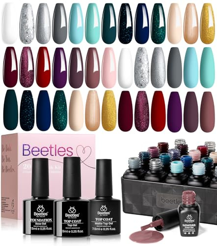 Beetles Gel Polish Set, 20 Farben Nagellack mit glänzender und matter Überlack Kollektion Herbst-Winter Blau Grau Glitzer Burgunderrot Lila Gold Gel-Nagellack DIY-Maniküre-Geschenke für Frauen