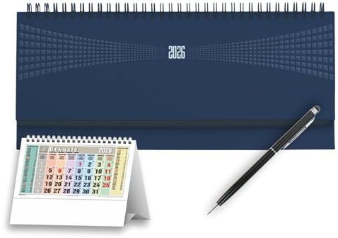 Planning 2026 | Planning da tavolo settimanale 2026 | Spiralato | 30 x 15 cm | Omaggio penna touch + Calendario da tavolo (Blu Notte Plus)