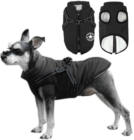 Voarge Hundejacke Winterweste Jacken, Hundemantel mit Geschirr für Kleine Hunde Hundemantel Wasserdicht Maschinen Waschbarer Reflektierender Streifen Design Haltbarer D-Ring (Schwarz, S)