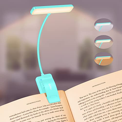 Gritin Leselampe Buch Klemme, USB Wiederaufladbare Buchlampe mit 19 LEDs, 3 Farb, Lange Laufzeit, Stufenlose Helligkeit Klemmlampe, 360° Flexibel Klemmleuchte für Nachtlesen ins Bett-Blau