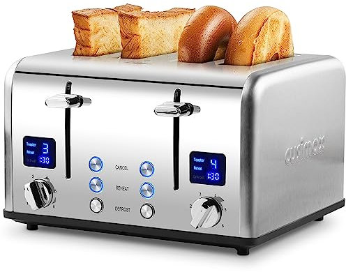 Toaster 4 Slices, Cusimax Stainless Steel Toaster with Ultra-Clear LED Display & 4 Extra-Wide Slots, Defrost/Reheat/Cancel Function, 6 Browning Settings, Removable Crumb Tray, Silver
