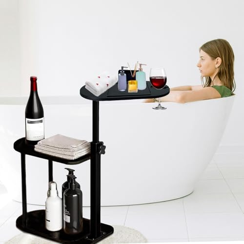 BeGyoku Tavolino da vasca da bagno a 3 strati, in bambù, girevole e regolabile in altezza, vassoio autoportante per vasca da bagno contro la parete, accessori per vasca da bagno e organizer da bagno