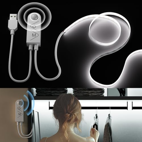 PAUTIX USB Striscia LED COB 5V con Rilevatore di Movimento Bianco freddo 6000K 3M,960LED Dimmerabile CRI90+ Nastro LED Autoadesivo per Scale, Camerette, Armadi, Lampade da Letto