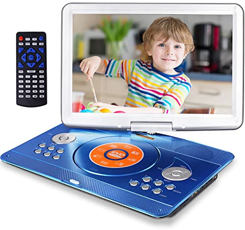 16.9 Portable Mobile DVD Player with 14.1 Large Swivel Screen with 6 Hrs Rechargeable Battery for Kids, Sync TV, Support USB SD Card with Car Charger (Blue)