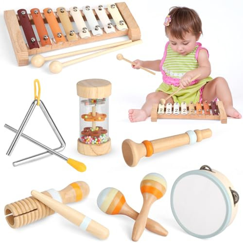 FUIOCOCP Musikinstrumente für Kinder, Montessori Spielzeug, Baby Xylophon, Holz, Braun, Kindermusikinstrumente-Set, Musikspielzeug für Jungen und Mädchen ab 1 Jahr