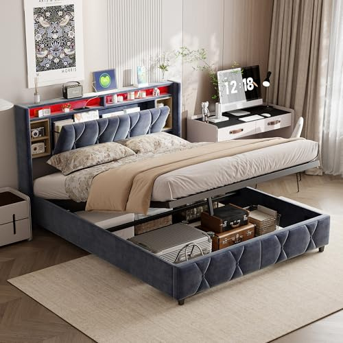 Cama doble 160 x 200 cm, tapizada con carga USB, cama doble LED con espacio de almacenamiento y somier, cama juvenil, sin colchón