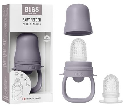 BIBS Baby Feeder with 2 Silicone Nipples, Compatible with Freezer Tray, Easy-Grip, BPA-Free - Ideal for Teething & Self-Feeding, 4+ Months - Fossil Grey