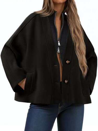 Yousify Womens Cropped Wool Blend Pea Coat Casual V Neck Button Down Short Jackets Fall Shackts with Pockets