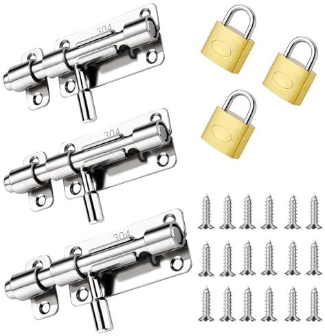 Lot de 3 verrous de porte coulissants avec 18 vis, en acier inoxydable avec 3 cadenas, double protection pour plus de sécurité, convient aux portails, chambres à coucher et fenêtres (argenté)